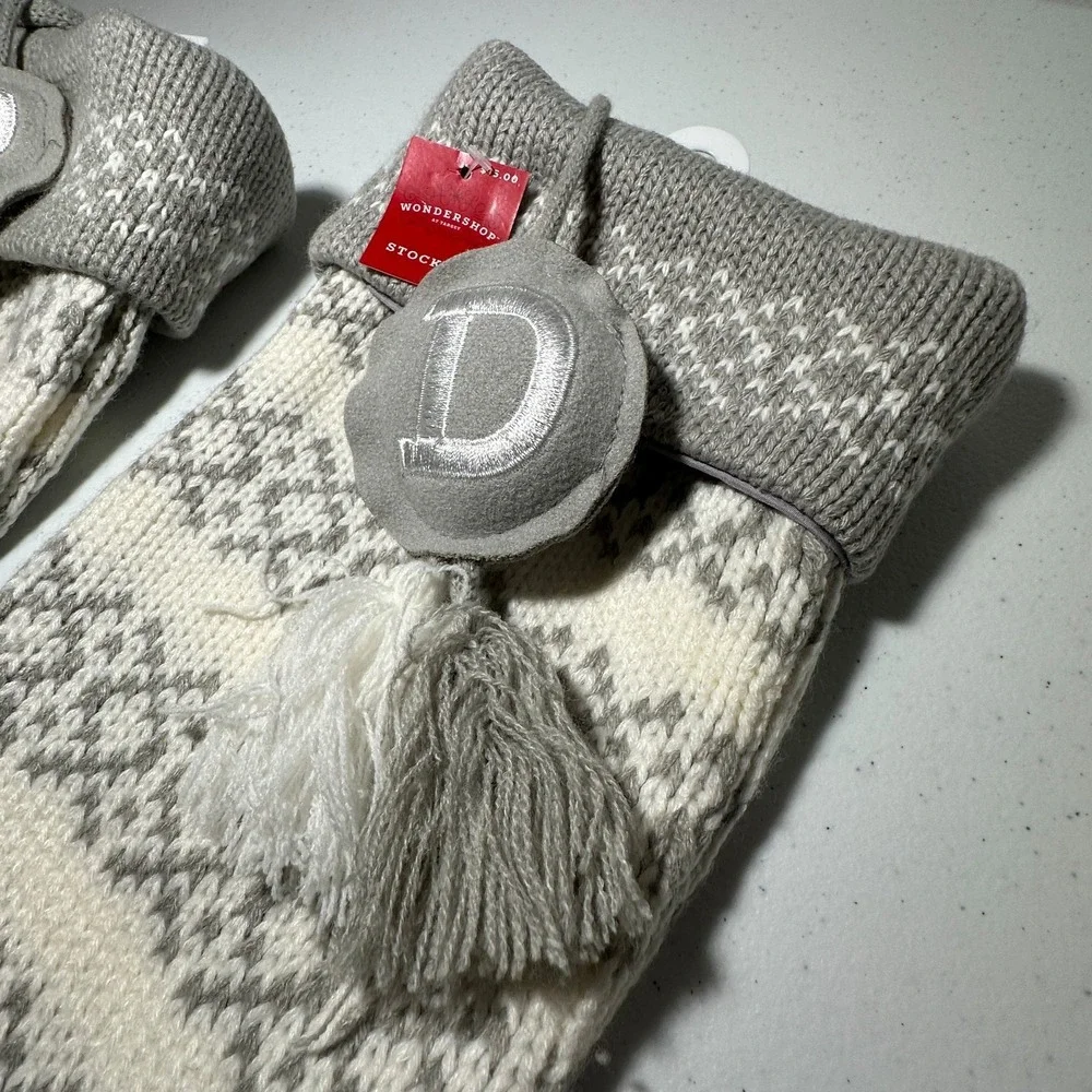 Wondershop Knit Monogram Christmas Stocking Letter D 19 Inch Gray White New